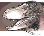  ambiguous_gender beady_eyes dinosaur fur glistening glistening_eyes greyscale headshot_portrait imperatorcaesar monochrome open_mouth portrait reptile scalie sharp_teeth side_view signature simple_background teeth tongue 