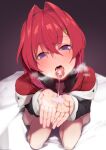  0marusankaku 1girl absurdres ange_katrina blue_eyes cum cum_in_mouth cum_on_hands from_above hair_between_eyes hair_intakes hair_ornament hairclip highres jacket kneeling looking_at_viewer nijisanji open_mouth red_hair short_hair solo tongue tongue_out virtual_youtuber 