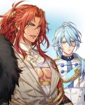  2boys absurdres aiguillette aqua_eyes blue_eyes blue_hair brown_eyes dante_(nu_carnival) dark-skinned_male dark_skin earrings edmond_(nu_carnival) highres jewelry knight long_hair looking_to_the_side low_ponytail male_focus multiple_boys nu_carnival red_hair smile triangle_earrings zehel_az 