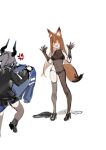  2girls anger_vein animal_ear_fluff animal_ears arknights asymmetrical_legwear black_bra black_footwear black_panties black_pantyhose black_shirt black_skirt black_thighhighs blue_jacket blush blush_stickers bodystocking boots bra breasts brown_hair cleavage closed_eyes dragon_horns fox_ears fox_girl fox_tail franka_(arknights) grey_hair hands_up holding holding_clothes holding_jacket horns jacket jacket_removed liskarm_(arknights) long_hair long_sleeves medium_breasts multiple_girls neriash panties panties_under_pantyhose pantyhose ponytail shirt shoes single_leg_pantyhose single_thighhigh skirt tail thighhighs underwear 