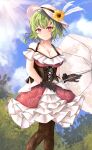  1girl absurdres alternate_costume bare_shoulders black_gloves blue_sky breasts cleavage day flower gloves green_hair hair_flower hair_ornament highres kazami_yuuka looking_at_viewer orchid_(orukido) red_eyes sky smile solo sunflower touhou umbrella 