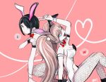  2girls :d alternate_costume animal_ears arm_support arm_up armband backless_leotard bangs bare_shoulders bear_hair_ornament black_leotard blue_eyes bow bowtie breasts brown_hair cleavage closed_mouth danganronpa:_trigger_happy_havoc danganronpa_(series) detached_collar enoshima_junko expressionless fake_animal_ears fake_tail fishnet_pantyhose fishnets from_side hair_between_eyes hair_ornament hand_up heart highres ikusaba_mukuro large_breasts leotard long_hair looking_at_viewer multiple_girls official_alternate_costume one_eye_closed open_mouth pantyhose pink_background playboy_bunny rabbit_ears rabbit_tail red_bow red_bowtie shoes short_hair siblings simple_background sisters sitting smile speech_bubble spoken_heart tail tongue tongue_out translation_request twintails white_leotard zui_nianshao 