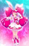  1girl ;q absurdres animal_ears bow bowtie brown_hairband choker collarbone cure_whip dress full_body gloves hairband highres kirakira_precure_a_la_mode long_hair looking_at_viewer mitsuki_tayura one_eye_closed outstretched_arm precure rabbit_ears red_bow red_bowtie red_choker red_eyes red_footwear red_hair shiny shiny_hair short_dress short_sleeves solo standing tongue tongue_out twintails very_long_hair white_dress white_gloves 