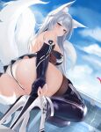  1girl absurdres animal_ear_fluff animal_ears ass azur_lane back bare_shoulders black_thighhighs blue_eyes blue_sky breasts cum cum_on_clothes day elbow_gloves fox_ears fox_tail from_below gloves grey_hair hair_between_eyes high_heels highres lao_yuan_zhang large_breasts looking_at_viewer multiple_tails nail_polish official_alternate_costume outdoors panties perspective pink_nails race_queen shinano_(azur_lane) sky solo tail thighhighs thighs underwear white_panties 