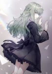 1girl 25-ji_night_code_de._(project_sekai) absurdres against_wall back_bow bangs black_bow black_dress bow commentary_request dogdogwanwan dress frilled_dress frilled_sleeves frills green_hair grey_background half-closed_eyes highres kusanagi_nene long_hair long_sleeves looking_at_viewer looking_back project_sekai purple_eyes sidelocks solo 