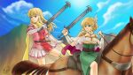  armor bangs blonde_hair blue_sky breastplate brown_eyes cape clenched_hand cloud commentary day daybreak_vision dress earrings english_commentary fire_emblem fire_emblem:_genealogy_of_the_holy_war gloves green_dress green_eyes highres holding holding_sword holding_weapon horse jewelry lachesis_(fire_emblem) lands_sword long_hair miniskirt mother_and_daughter mountain nanna_(fire_emblem) necklace outdoors pauldrons pink_shirt pleated_skirt puffy_short_sleeves puffy_sleeves purple_belt purple_cape riding shirt short_dress short_hair short_sleeves shoulder_armor skirt sky sword thighhighs weapon white_gloves white_skirt wing_hair_ornament yellow_cape yellow_thighhighs zettai_ryouiki 