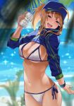  1girl absurdres artoria_pendragon_(fate) baseball_cap beach beer_can bikini blue_headwear blue_jacket breasts can commentary_request cropped_jacket fate/grand_order fate_(series) hair_through_headwear hat highres jacket large_breasts looking_at_viewer mysterious_heroine_xx_(fate) navel ocean open_mouth round_teeth shrug_(clothing) side-tie_bikini solo stomach suppa_(hagakuresuppa) swimsuit teeth upper_teeth white_bikini 