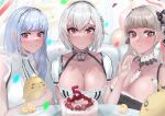  3girls absurdres animal azur_lane bangs bare_shoulders bird blue_hair breasts cake cleavage commentary_request confetti dido_(azur_lane) food formidable_(azur_lane) grey_hair grin hand_up highres holding holding_animal holding_bird large_breasts long_hair looking_at_viewer manjuu_(azur_lane) multiple_girls nibiiro_(deep_4242) parted_lips purple_eyes red_eyes shirt short_hair sirius_(azur_lane) sleeveless sleeveless_shirt smile twintails white_hair white_shirt 