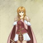  1girl absurdres armor bangs blonde_hair cape commentary cowboy_shot dakkalot dress elbow_gloves english_commentary fire_emblem fire_emblem:_genealogy_of_the_holy_war gloves green_eyes hair_between_eyes hand_on_own_chest highres holding holding_sword holding_weapon lachesis_(fire_emblem) long_hair looking_at_viewer pauldrons pink_cape pink_gloves pink_lips pink_shirt shirt short_dress short_sleeves shoulder_armor smile solo standing sword weapon white_dress yellow_background zettai_ryouiki 