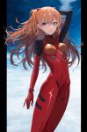  1girl arm_at_side arm_up blue_eyes bodysuit breasts feet_out_of_frame hair_ornament highres long_hair looking_at_viewer medium_breasts neon_genesis_evangelion orange_hair outside_border parted_lips pigeon_(wejil) pillarboxed plugsuit red_bodysuit skin_tight sky solo souryuu_asuka_langley standing two_side_up 