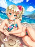  1girl beach bikini blonde_hair blue_bikini blue_sky cloud commentary_request day dutch_angle flat_chest grecale_(kancolle) green_eyes grin heart highres kantai_collection long_hair looking_at_viewer lying mahiro_usagi official_alternate_costume on_side outdoors side_ponytail sky smile solo swimsuit waves wavy_hair 