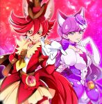  2girls absurdres animal_ear_fluff animal_ears bangs bike_shorts cat_ears choker collarbone cure_chocolat cure_macaron dog_ears elbow_gloves food-themed_hair_ornament gloves hair_between_eyes hair_ornament highres jacket kirakira_precure_a_la_mode long_hair long_sleeves looking_at_viewer macaron_hair_ornament miniskirt mitsuki_tayura multiple_girls pleated_skirt precure purple_choker purple_eyes purple_hair red_eyes red_hair red_jacket red_shorts shiny shiny_hair shiny_skin short_sleeves shorts shorts_under_skirt skirt standing very_long_hair white_gloves yellow_skirt 