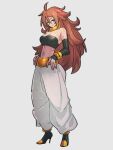  1girl android_21 baggy_pants bare_shoulders black_sleeves black_tube_top blue_eyes bracelet breasts brown_hair cleavage closed_mouth detached_sleeves dragon_ball dragon_ball_fighterz earrings full_body high_heels hoop_earrings jewelry kemachiku light_smile long_hair majin_android_21 midriff navel pants solo standing strapless tube_top white_pants 