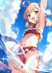  1girl absurdres ahoge arm_up armpits barefoot bikini blonde_hair cloud feet flower from_below genshin_impact hair_flower hair_ornament highres inflatable_toy klee_(genshin_impact) long_hair looking_down navel open_mouth outdoors pointy_ears red_bikini red_eyes sakimiya_mafu sky smile soles solo swimsuit thighs toes twintails water 