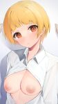  1girl bangs binsen blonde_hair blunt_bangs breasts breasts_out closed_mouth collared_shirt fukuda_noriko highres idolmaster idolmaster_million_live! long_sleeves looking_at_viewer medium_breasts nipples pov pov_hands red_eyes shirt short_hair solo_focus upper_body white_shirt 