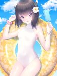  1girl :d bangs bare_shoulders black_hair blue_nails blue_sky blush bracelet breasts brown_eyes cloud collarbone commentary_request covered_collarbone covered_navel day flower food frilled_innertube hair_between_eyes hair_flower hair_ornament headgear highres holding holding_food innertube jewelry kantai_collection looking_at_viewer nail_polish one-piece_swimsuit outdoors popsicle sky small_breasts smile solo swimsuit taihou_(kancolle) tsukimochikuriko_(tsukimochi_k) white_flower 