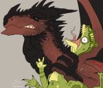  black_body black_claws black_horn black_wings brown_body brown_scales cheek_spikes claws dragon duo facial_horn facial_spikes feral frill_(anatomy) green_body green_frill green_scales green_wings grey_background head_crest head_frill horn imperatorcaesar membrane_(anatomy) membranous_wings neck_grab nose_horn open_mouth orange_eyes orange_sclera pupils scales sharp_teeth side_view signature simple_background slit_pupils spikes spikes_(anatomy) teeth wide_eyed wings yellow_eyes 