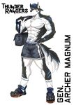  absurd_res anthro archermagnum bag black_body black_fur blue_claws bottomwear canid canine canis claws clock clothing discordnight_(artist) fur half_naked hat headgear headwear hi_res male mammal paw_shoes paws shorts solo superabsurd_res thunderrangers watch white_body white_fur wolf 
