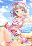  1girl :d bangs bare_shoulders choker collarbone commentary_request dated flower green_eyes grey_hair hair_flower hair_ornament hairband hand_up happy_birthday highres inflatable_raft kashiwagi_mia knees_up lifted_by_self looking_at_viewer navel ocean ongeki paw_pose polka_dot_skirt red_choker red_hairband red_skirt sitting skirt smile solo water white_flower zenon_(for_achieve) 