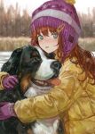  1girl absurdres blush closed_mouth coat dog down_jacket freckles gloves green_eyes highres jacket knit_hat long_hair long_sleeves looking_at_viewer original purple_gloves purple_headwear red_hair sero3eta snow snowing solo tongue tongue_out yellow_coat 