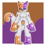  anthro breasts calico_cat cally_(theenyface) claws domestic_cat felid feline felis female footprint fur genitals looking_at_viewer mammal mottled orange_body orange_fur pawprint pawprint_marking piebald purple_body purple_fur pussy small_breasts solo standing theenyface white_body 