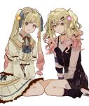  2girls black_choker black_skirt black_socks black_vest blonde_hair blue_bow bow bowtie brown_bow brown_bowtie choker collarbone colored_tips commentary dress dual_persona empty_eyes frown hair_bow hairband highres ksan_tb lolita_hairband long_hair looking_at_viewer loose_socks multicolored_hair multiple_girls pink_eyes pink_hair project_sekai shirt shoes sitting skirt smile socks tenma_saki twintails very_long_hair vest wariza white_dress white_footwear white_shirt 