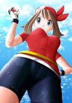  1girl bandana bangs bike_shorts breasts brown_hair from_below gloves hand_on_hip large_breasts may_(pokemon) poke_ball poke_ball_(basic) pokemon pokemon_(game) pokemon_rse red_shirt s.forest shirt short_hair short_sleeves underbust white_gloves 