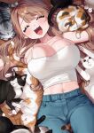  1girl :3 :d animal armpits bare_shoulders blue_pants breasts brown_hair camisole cat cleavage closed_eyes collarbone crop_top denim facing_viewer high-waist_pants highres large_breasts long_hair lying midriff multiple_cats navel on_back open_mouth original outstretched_arms pants sakura_yuki_(clochette) shirt skindentation sleeveless sleeveless_shirt smile solo spaghetti_strap stomach white_shirt 