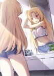  1girl absurdres arms_up ass azur_lane bangs bare_shoulders blonde_hair blue_shorts bonsai breasts casual cleveland_(azur_lane) commentary_request cosmetics cowboy_shot crop_top curtains dolphin_shorts dutch_angle hair_tie highres indoors long_hair looking_at_mirror midriff mirror morning mouth_hold navel one_side_up parted_bangs red_eyes reflection short_shorts shorts sidelocks small_breasts standing tank_top tying_hair white_tank_top window yuki_shizuku 