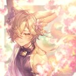  1boy animal_ears blonde_hair collar flower fox_boy fox_ears fox_tail granblue_fantasy hair_flower hair_ornament hair_over_one_eye keyhole kou_(granblue_fantasy) male_focus pectorals shigaraki_(strobe_blue) sideless_outfit smile solo tail twitter_username yellow_eyes 