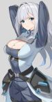  1girl absurdres arms_behind_head arms_up belt blue_eyes breast_tattoo breasts cleavage_cutout clothing_cutout ethel_(xenoblade) eyes_visible_through_hair frown glowing grey_background grey_hair hair_intakes highres large_breasts looking_at_viewer maza_kisuke pants simple_background solo tattoo xenoblade_chronicles_(series) xenoblade_chronicles_3 