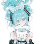  1girl bare_shoulders black_sleeves blue_bow blue_eyes blue_hair blue_necktie bow cinnamiku cinnamoroll cosplay detached_sleeves expressionless folded_twintails frilled_shirt frills grey_shirt hair_bow hair_ornament hatsune_miku hatsune_miku_(cosplay) head_tilt headphones headset highres holding_bunny lili_(lili_mioriririi) long_hair looking_at_viewer microphone necktie sanrio shirt simple_background solo upper_body very_long_hair vocaloid white_background 