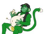  anthro belly big_belly bloated boxers_(clothing) bulge clothing food fur green_body green_fur hand_on_stomach haplorhine male mammal monkey primate solo stuffing underwear verzisphere 