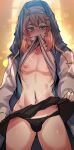  1boy black_panties blonde_hair blush bridget_(guilty_gear) bulge green_eyes guilty_gear guilty_gear_strive highres hinghoi long_hair looking_at_viewer male_focus mars_symbol mouth_hold navel nipples nose_blush otoko_no_ko panties pectorals solo standing sweat underwear 