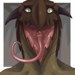  1:1 black_horn border brown_body bust_portrait front_view glistening glistening_eyes green_body green_eyes hi_res horn imperatorcaesar insane looking_at_viewer male mouth_shot open_mouth portrait red_tongue signature simple_background solo tongue tongue_out white_border wide_eyed 