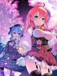  2girls beckoning black_thighhighs blue_eyes blue_hair blush bodice breasts cherry_blossoms dress garter_straps highres hololive hoshimachi_suisei kannougame large_breasts looking_at_viewer miniskirt multiple_girls official_alternate_costume pink_hair plaid plaid_dress plaid_skirt reaching_out red_skirt sakura_miko skirt smile thighhighs underbust virtual_youtuber 