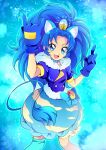  1girl :d absurdres animal_ear_fluff animal_ears asymmetrical_legwear blue_background blue_bow blue_choker blue_eyes blue_gloves blue_hair blue_jacket blue_skirt bow choker collarbone crown_earrings cure_gelato fang gloves hair_intakes highres jacket kirakira_precure_a_la_mode lion_ears lion_girl lion_tail long_hair miniskirt mitsuki_tayura open_mouth precure short_sleeves single_thighhigh skirt smile solo tail thighhighs very_long_hair 