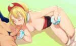  1boy 1girl adaman_(pokemon) blonde_hair blue_hair breasts closed_mouth clothes_pull colored_pubic_hair erection fellatio female_masturbation fingering gintsu hairband hetero highres irida_(pokemon) jewelry male_pubic_hair masturbation multicolored_hair neck_ring nipples oral out_of_frame penis pokemon pokemon_(game) pokemon_legends:_arceus pubic_hair red_hairband saliva shirt short_hair shorts shorts_pull spread_legs strapless strapless_shirt two-tone_hair 