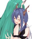  2girls ;o arknights bare_shoulders blue_hair blush ch&#039;en_(arknights) crying dragon_horns flying_sweatdrops green_hair heart highres horns hoshiguma_(arknights) hug long_hair low_twintails motion_lines multiple_girls one_eye_closed open_mouth shirt simple_background single_horn skin-covered_horns sleeveless sleeveless_shirt solo_focus tears tsuyuki_yuki twintails upper_body very_long_hair white_background white_shirt yuri 