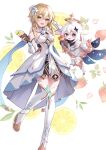  2girls :d absurdres bare_shoulders blonde_hair blush breasts bright_pupils cleavage detached_sleeves dress floating flower food foot_out_of_frame fruit genshin_impact hair_between_eyes hair_flaps hair_flower hair_ornament halo hand_on_own_head hands_up high_heels highres holding_ice_cream ice_cream_cone knees_together_feet_apart kure~pu leg_up lemon lemon_slice long_hair looking_at_viewer lumine_(genshin_impact) medium_breasts multiple_girls paimon_(genshin_impact) purple_eyes short_hair_with_long_locks sidelocks single_thighhigh smile strawberry thighhighs thighs white_background white_dress white_flower white_footwear white_hair white_pupils white_sleeves white_thighhighs zettai_ryouiki 