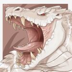  1:1 anthro border crocodilian front_view glistening glistening_eyes glistening_tongue imperatorcaesar male mouth_shot muscular muscular_anthro muscular_male open_mouth pink_tongue pupils reptile scales scalie sharp_teeth signature simple_background slit_pupils solo tan_teeth teeth tongue white_body white_border white_scales 