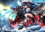  1girl :d armband azur_lane black_footwear black_hair blue_eyes boots cannon commentary_request cross cross-laced_footwear deutschland_(azur_lane) full_body gun highres iron_cross kakato mechanical_hands multicolored_hair ocean open_mouth outdoors platform_boots red_hair rigging sharp_teeth smile solo standing standing_on_liquid streaked_hair teeth thigh_boots water waves weapon white_hair 