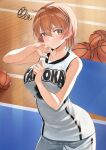  1girl @_@ arm_between_breasts bangs bare_arms bare_shoulders basketball basketball_uniform between_breasts blush breasts brown_eyes brown_hair closed_mouth collarbone commentary_request ear_blush hair_between_eyes hands_up highres indoors large_breasts looking_at_viewer original shirt short_hair shorts sleeveless sleeveless_shirt solo sportswear squiggle standing sweat tapioka_(oekakitapioka) white_shirt white_shorts wooden_floor 