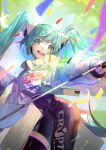  1girl :d absurdres aqua_hair blue_eyes floating_hair hatsune_miku highres kouhiipan leaning_forward long_hair long_sleeves looking_at_viewer open_mouth racing_miku racing_miku_(2022) single_thighhigh smile solo thighhighs twintails very_long_hair vocaloid 