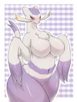  anthro biped blush chest_floof female hi_res looking_at_viewer mienshao navel nintendo pok&eacute;mon pok&eacute;mon_(species) purple_body red_eyes shiryujack08 solo thick_thighs video_games white_body yellow_body 
