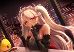  1girl absurdres azur_lane bangs black_dress building champagne_flute cityscape commentary cup detached_sleeves dress drinking_glass elbow_gloves food gloves grin halter_dress halterneck highres indoors long_hair looking_at_viewer maid_headdress manjuu_(azur_lane) multicolored_hair night prinz_eugen_(azur_lane) red_hair red_lips sakurahuji-iro sitting skyscraper smile solo steak streaked_hair swept_bangs table two_side_up very_long_hair white_hair window wine_glass yellow_eyes 