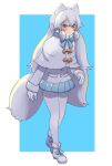  1girl animal_ears arctic_fox_(kemono_friends) blue_bow blue_bowtie blue_skirt blush bow bowtie capelet commentary_request extra_ears fox_ears fox_girl fox_tail full_body fur_trim gloves highres jacket kemono_friends long_hair looking_at_viewer ookii_yama pantyhose pleated_skirt shirt sidelocks skirt solo tail white_capelet white_fur white_gloves white_jacket white_pantyhose white_shirt yellow_eyes 