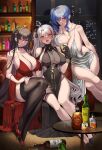  3girls :d :o absurdres alcohol alternate_costume azur_lane bangs bare_arms bare_shoulders black_bow black_dress black_footwear black_gloves black_hair black_thighhighs blue_hair blush bow breasts champagne choker cleavage collarbone commentary_request crossed_bangs crossed_legs dress earrings full_body gloves grey_hair hair_between_eyes hair_bow hair_ornament high_heels highres indoors jewelry kirome_(kamipaper) large_breasts long_hair looking_at_viewer mole mole_on_breast multicolored_hair multiple_girls necklace official_alternate_costume open_mouth parted_lips prinz_eugen_(azur_lane) purple_eyes red_choker red_dress red_footwear red_hair side_ponytail sideboob silver_dress sitting smile st._louis_(azur_lane) st._louis_(luxurious_wheels)_(azur_lane) streaked_hair taihou_(azur_lane) taihou_(forbidden_feast)_(azur_lane) thigh_strap thighhighs thighs window 