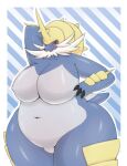  3_fingers anthro biped blue_body blush breasts brown_eyes female fingers front_view hand_behind_head hi_res looking_at_viewer navel nintendo pok&eacute;mon pok&eacute;mon_(species) samurott shiryujack08 simple_background solo thick_thighs video_games yellow_body 