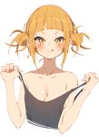  1girl :q bare_shoulders black_tank_top blonde_hair boku_no_hero_academia breasts cleavage collarbone double_bun hair_bun highres looking_at_viewer medium_breasts rasusurasu short_hair simple_background solo tank_top toga_himiko tongue tongue_out upper_body white_background yellow_eyes 